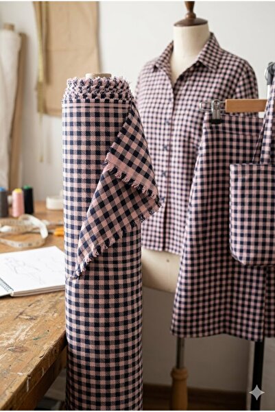 ŞALSERA Pitikare Ekose Lacivert Pembe Kalın Kumaş , Tasarımcılar İçin ( 150 x...