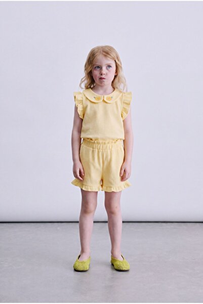 Magu Girl's Cotton Yellow Floral Embroidered Ruffle Blouse Shorts Set