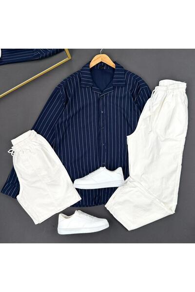 THEGENTMAN Striped Crepe Shirt Linen Shorts Linen Baggy Pants 3-Piece Set