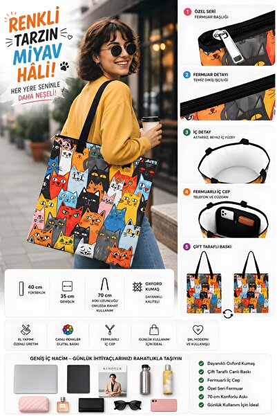 BYBAG Renkli Kedi Desenli Omuz Çantası Kadın Tote Bag Oxford Kumaş Fermuarlı İç Cepli Çift Taraflı Baskılı