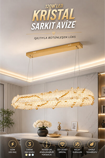 Elvora Home Modern (PREMIUM) Kristal Sarkıt Avize 3 Renk LED Gold Kasalı Lüks...