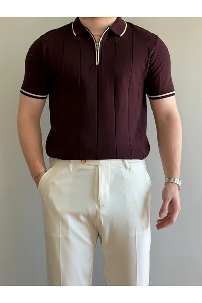 HAVANNA Erkek Bordo Fermuarlı Polo Yaka Triko Tişört Regular Fit Old Money Stil