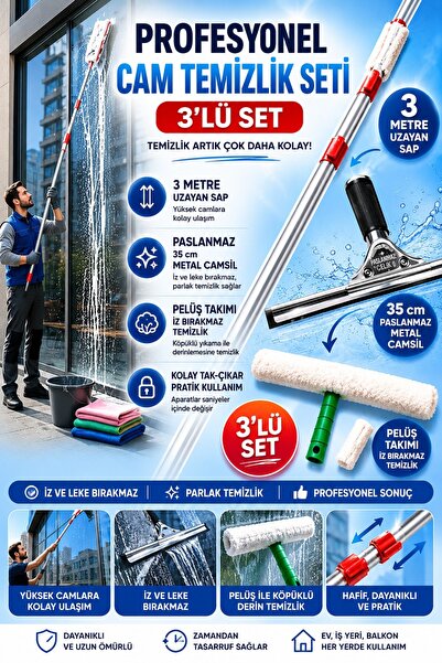Primeaks Profesyonel Cam Temizlik Seti 3 Parça - 3 Metre Uzayan Sap + Peluş A...