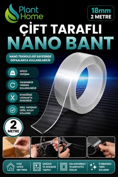plant-home Extra Güçlü Çift Taraflı Nano Bant 18mm 2 Metre Halı Sabitleme Duv...