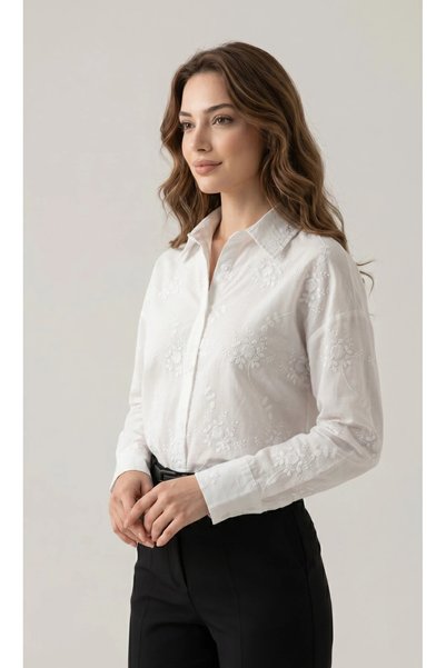 TATULA Long Sleeve Shirt with Embroidery Detail