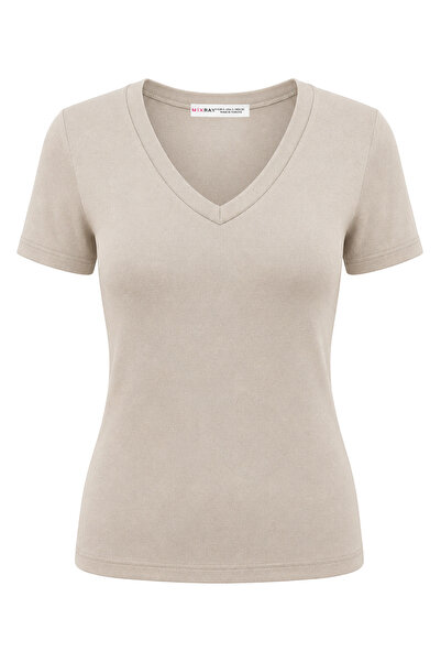 Mixray 2122 Women's V-Neck Basic Short Sleeve T-Shirt Stone