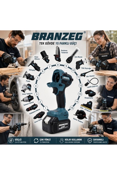 BRANZEG 15 Başlıklı Çok Fonksiyonlu Şarjlı Matkap Seti Yeni Nesil Kömürsüz Motor