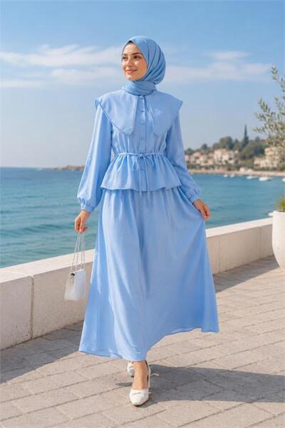 Neşeli Butik Women's Baby Blue Cotton Linen Collar Detailed Belted Summer Dou...