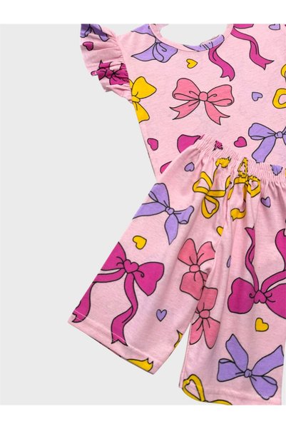 tusem butik homewear Girls Cotton Pink Ribbon Patterned Short Sleeve Ruffle Sleeves Shorts Summer Pajama Set