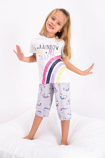 Serena Pijama fetițe cu tricou și pantaloni trei sferturi, imprimeu curcubeu,...
