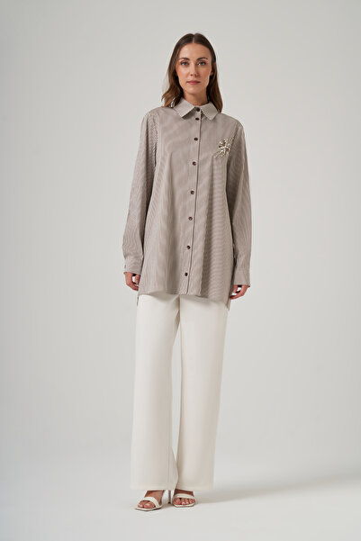 Nuss Brooch Embroidered Front Buttoned Striped Shirt 3008 Brown