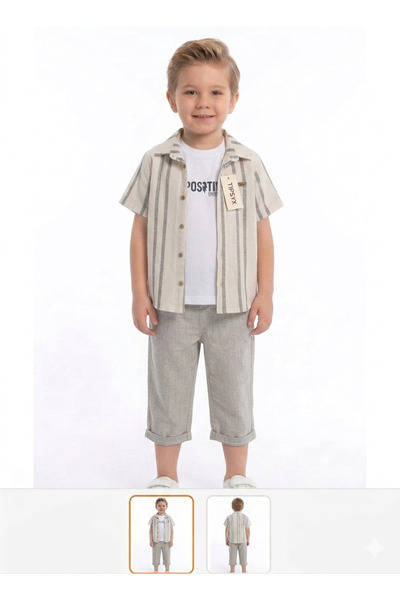 gülerçocuk Boys' 3-Piece Summer Set: Striped Shirt, T-Shirt, and Capri Pants