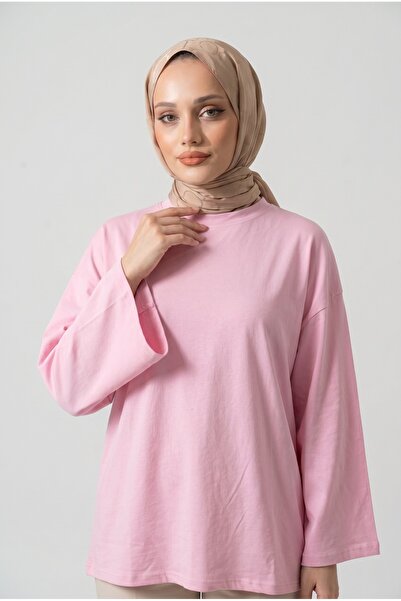 Lunfia Salaş Yuvarlak Yaka Penye Tunik - Pembe