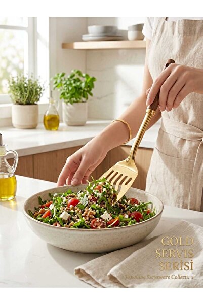 LOVYCO Ahşap Saplı Gold Delikli Spatula - Paslanmaz Çelik Lüks Servis ve Sunu...