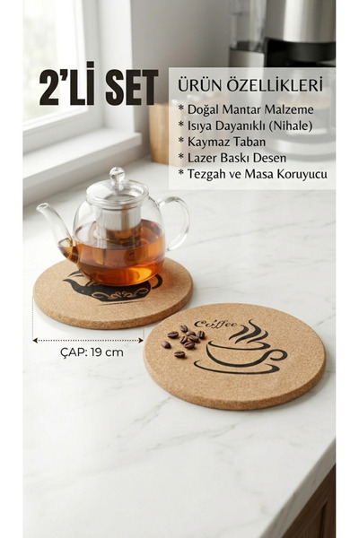 BRE HOME 2'li Mantar Nihale Seti 20 cm - Kahve Ve Çay Desenli Tezgah Üstü Isı...