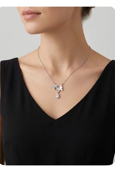 Mervişim Aksesuar 316L Steel Chain Silver Color Butterfly Detailed Women's Ne...