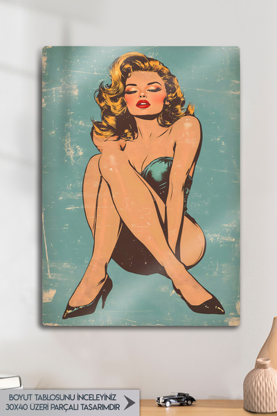 DekorHane Μεταλλική εκτύπωση - Ρετρό Pin Up Γυναικεία ζωγραφική Αφίσα Vintage...