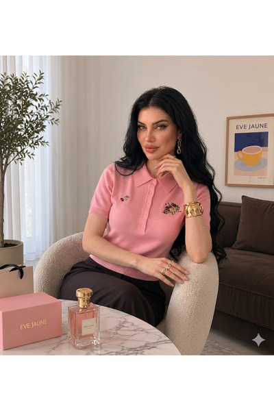 EAS GİYİM Embroidery Detailed Polo Collar Buttoned Sweater