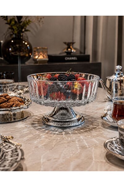 i love home glass وعاء كريستال بخطوط عمودية وقاعدة فضية 25 سم