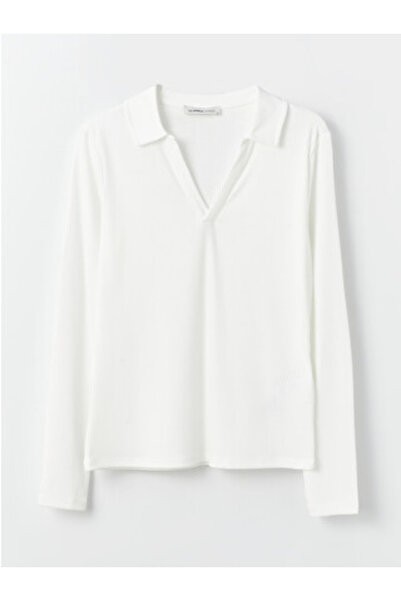 LC Waikiki New Season White Polo Collar Women's Ribbed T-Shirt