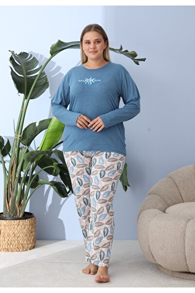 lindros Women's big size blue pajamas, Palm Beach print, 100% cotton