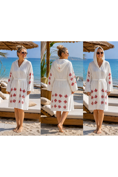 Store Kadın Yaprak Desenli Uzun Plaj Kimonosu Kuşaklı Püskül Detaylı Kimono P...