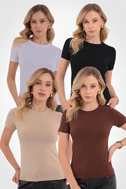 Yade Fashion Kısa Kol Bisiklet Yaka Bluz 4'lü Set