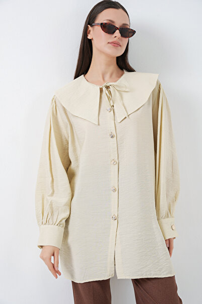 Merterium Women's Baby Collar Long Tunic 1490 - Ecru