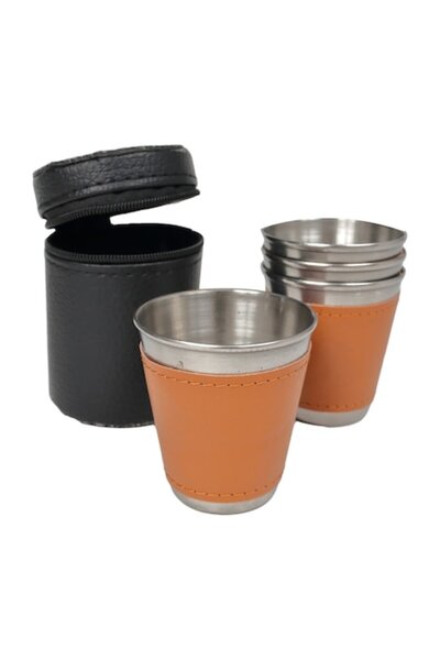 OEM Set de 4 pahare de shot din oțel inoxidabil cu husă din piele, 100 ml