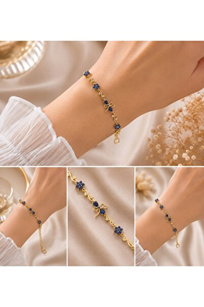 shop Lacivert Taşlı Fiyonk ve Çiçek Figürlü Kadın Bileklik