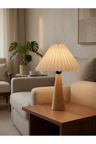 ZNEEL Modern Ahşap Gövdeli Pliseli Kumaş Abajur 47 cm – RGB Ampul Hediyeli, 2...