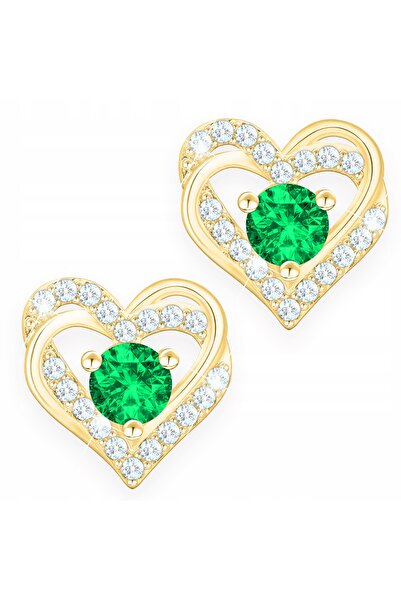 Larezo Cercei Din Argint 925 Placati Cu Aur, Model Inima Cu Piatra Verde Si C...