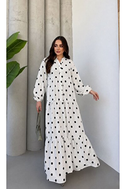 Mava Lady Kadın Beyaz Puantiyeli Desenli Tesettür Elbise