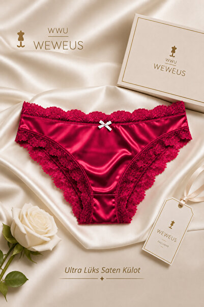 Weweus Burgundy Stretchy Satin Regular Waist Luxury Lace Panties Stk01