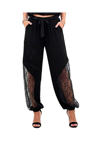 Sibel Günay Butik Women's Black Lace Detailed Viscose Shalwar Trousers with E...