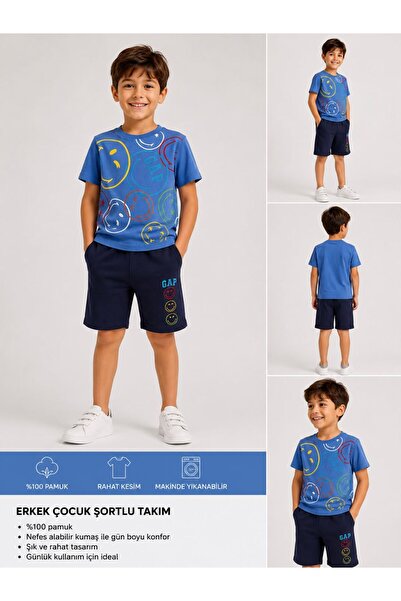 Ramçocuk Boys' Colorful Smiley Face Printed Shorts T-Shirt Set Relaxed Fit