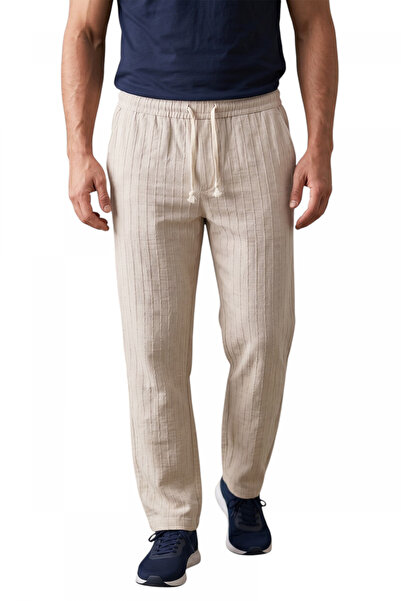Rizz up Men's Beige Striped Textured Relaxed Fit Summer Sports Trousers – Lig...