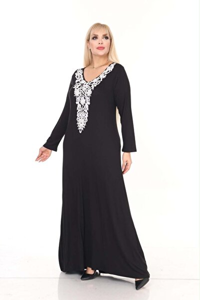 kısmet sepeti Women's Plus Size Black, White Lace Collar Viscose Combed Cotto...