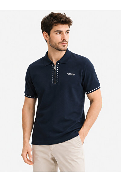 Galvanni Erkek Lacivert Fermuarlı Polo Yaka T-shirt %100 Pamuklu