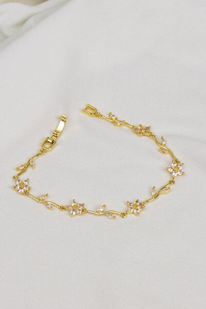 Süspüs Accessories Gold Renk Beyaz Taşlı Suyolu Beş Yapraklı Çiçek Figürlü Bi...