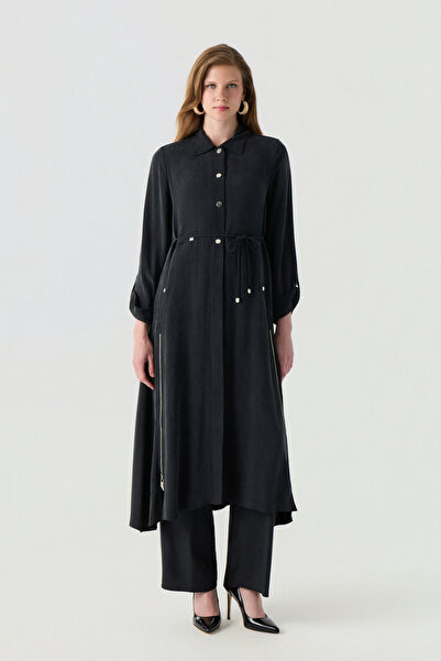 Zühre Minimal Button Detail, Flowing Form, Black Giy Çık 0398
