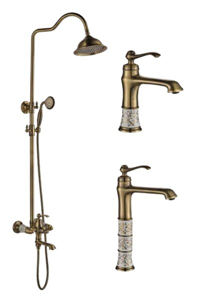 Filia Yapı Porselen Desenli Kare Başlıklı Antik Lavabo + Eviye Mutfak + Duş Seti