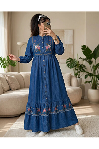 AZRA BUTİK Denim Embroidery Detailed and Buttoned Dress Dark Blue