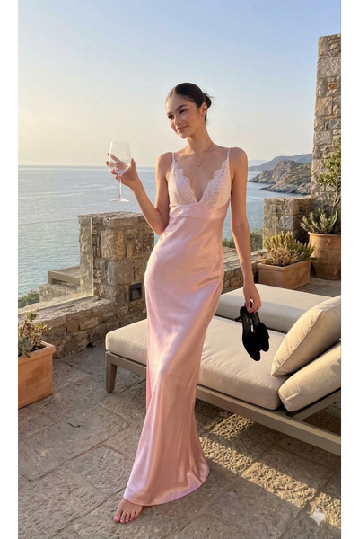 Godiva PINK SATIN DRESS – Lace bodice & V-neckline – One size