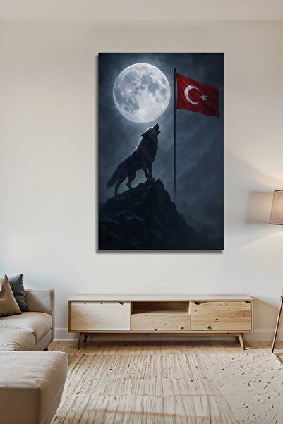 Parıltı Yayınları Modern Türk Bayraklı Dolunayda Uluyan Kurt Dekoratif Cam Tablo