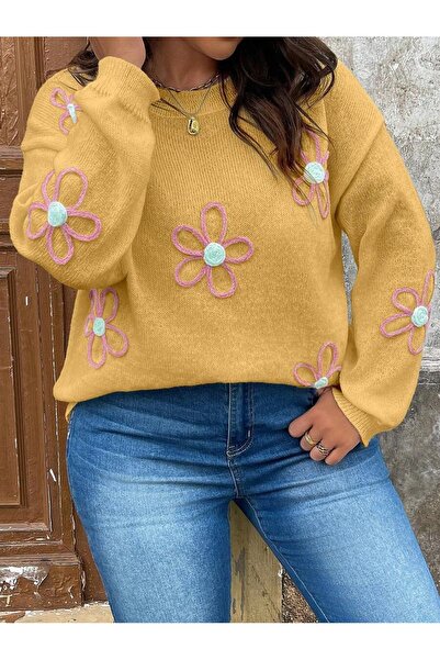 Iuliashop Milou Mustard Knitted Pullover with Embroidery - Plus Sizes - 44
