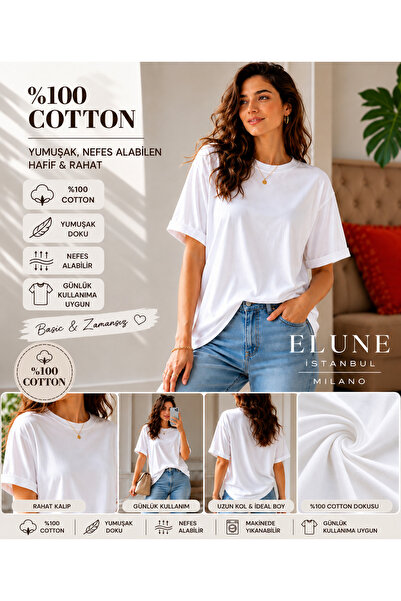 ELUNE İSTANBUL Milano Women's White Oversize Basic T-Shirt 100% Cotton Short ...