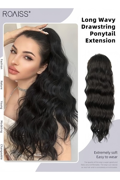 ROAISS Long Wavy Drawstring Ponytail Extension for Women Synthetic Ponytail H...