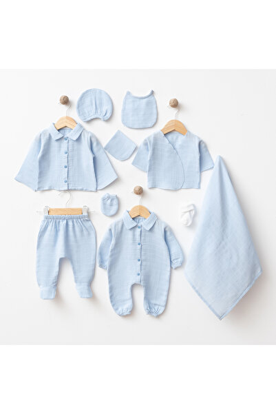 LunaSun Kids Mavi Müslin Erkek Bebek 10'lu Hastane Çıkış Seti