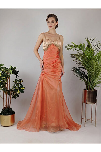 ASIAN Bowknot Dress Evening Gown in Luxurious Gold Appliqué Chiffon Fabric wi...